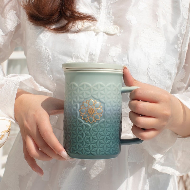 Thumbnail of Flower Of Life 3-In-1 Tea Mug With Infuser - Mint Green & Green Ombre / Hand-Painted Gold Flower image