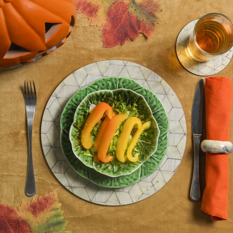 Six Round Placemats In Neutral Shades Of Light Green And Pale Grey Nordic Style. Heat Proof