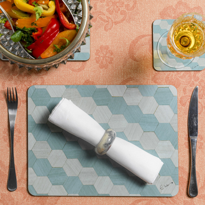 Four Table Mats Set In Light Blues And Grey Geometric Design. Heat