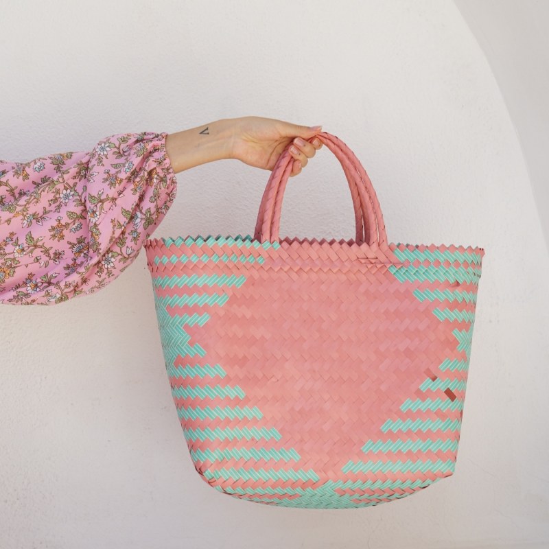 Thumbnail of Jasmin Recycled Plastic Woven Shopper Tote in Pink & Teal image