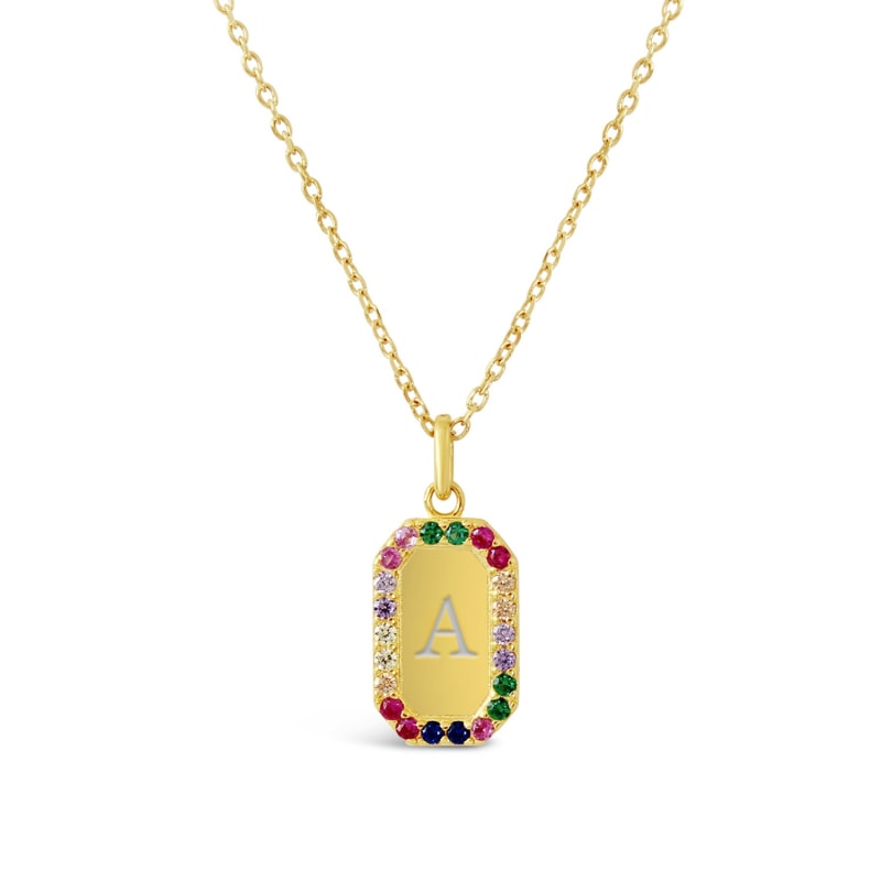 Thumbnail of Mini Tag 18k Gold Vermeil Rainbow Necklace - Minimal Initial Engraving image