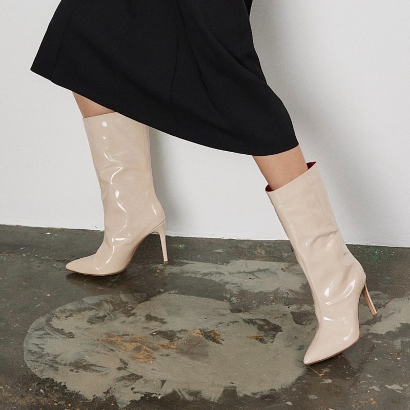 Freda Cream Patent Boots by Rosamund Muir London