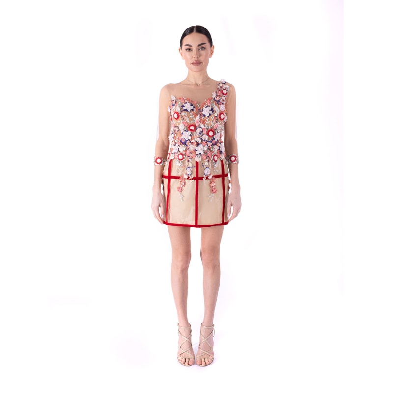 Thumbnail of Freida Mini Dress With Flowers Applique - Multicolor With Red Stripes image