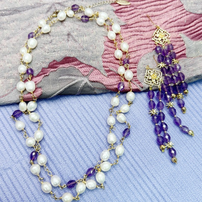 Thumbnail of Freshwater Pearls With Purple Amethyst Long Necklace image
