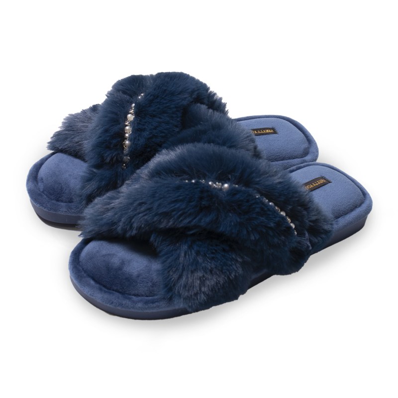 Navy blue fur slides discount