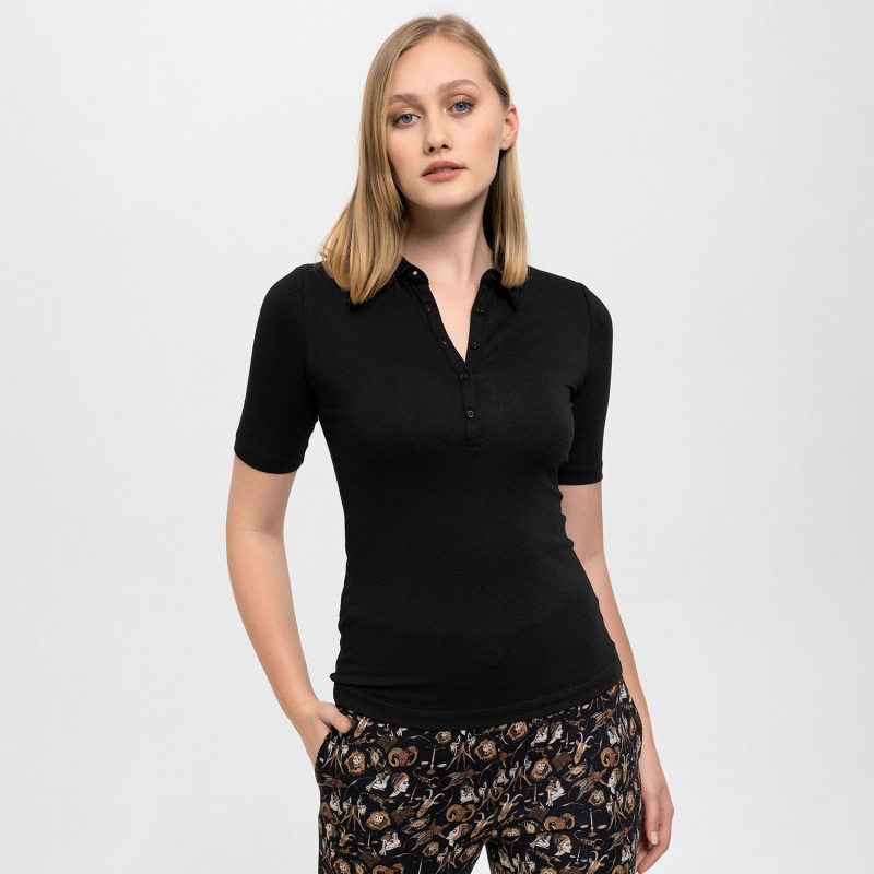 Thumbnail of Front Buttoned Collared Short Sleeve Lycra Blouse  In Black image