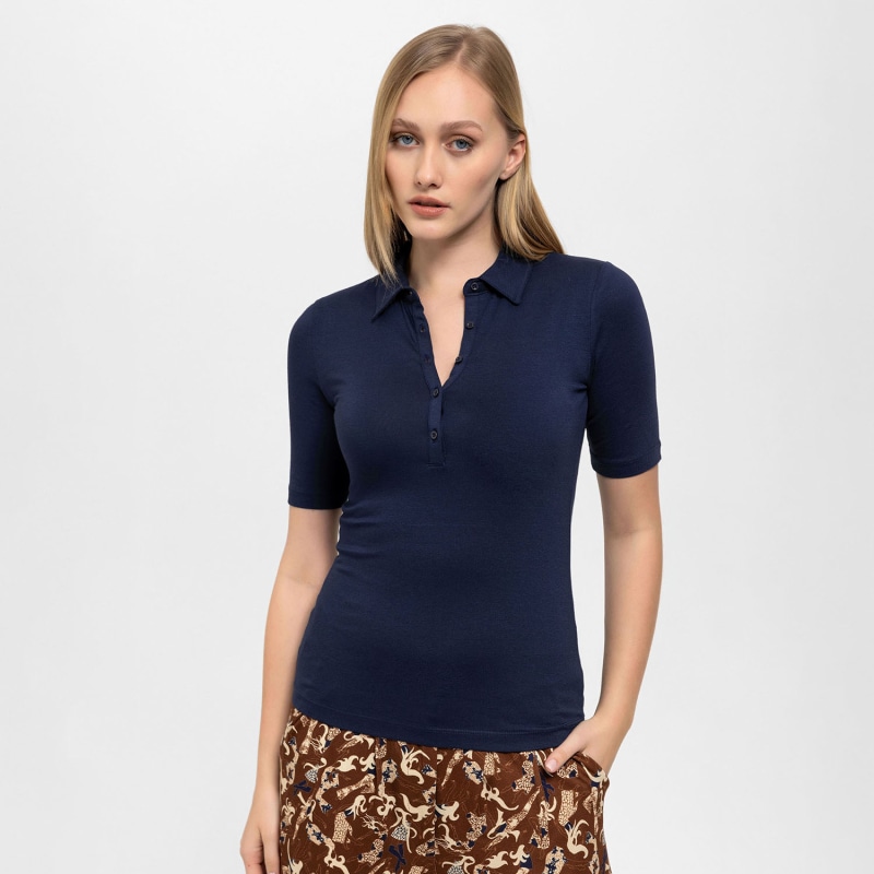 Thumbnail of Front Buttoned Collared Short Sleeve Lycra Blouse In Navy Blue image