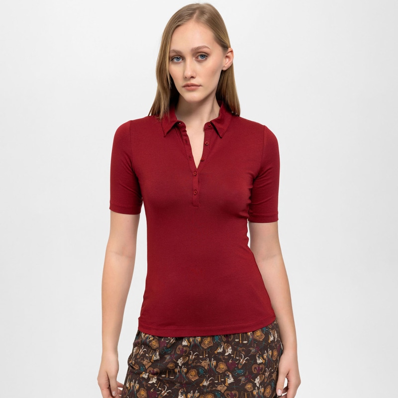 Thumbnail of Front Buttoned Collared Short Sleeve Lycra Blouse In Red image