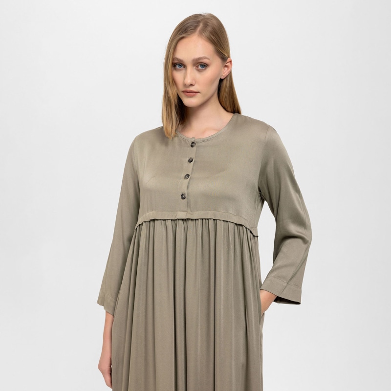 Thumbnail of Front Buttoned Wrap Draped Satin Dress In Khaki image