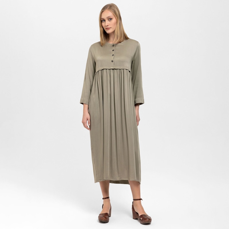 Thumbnail of Front Buttoned Wrap Draped Satin Dress In Khaki image