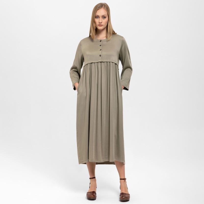 Thumbnail of Front Buttoned Wrap Draped Satin Dress In Khaki image