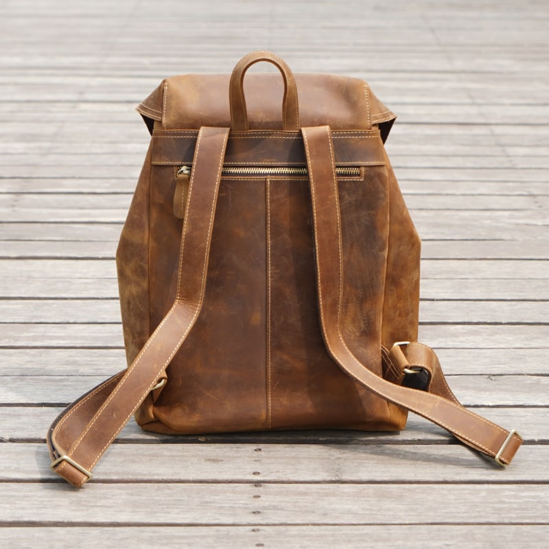 Front Pockets Vintage Look Leather Backpack - Brown | Touri | Wolf & Badger