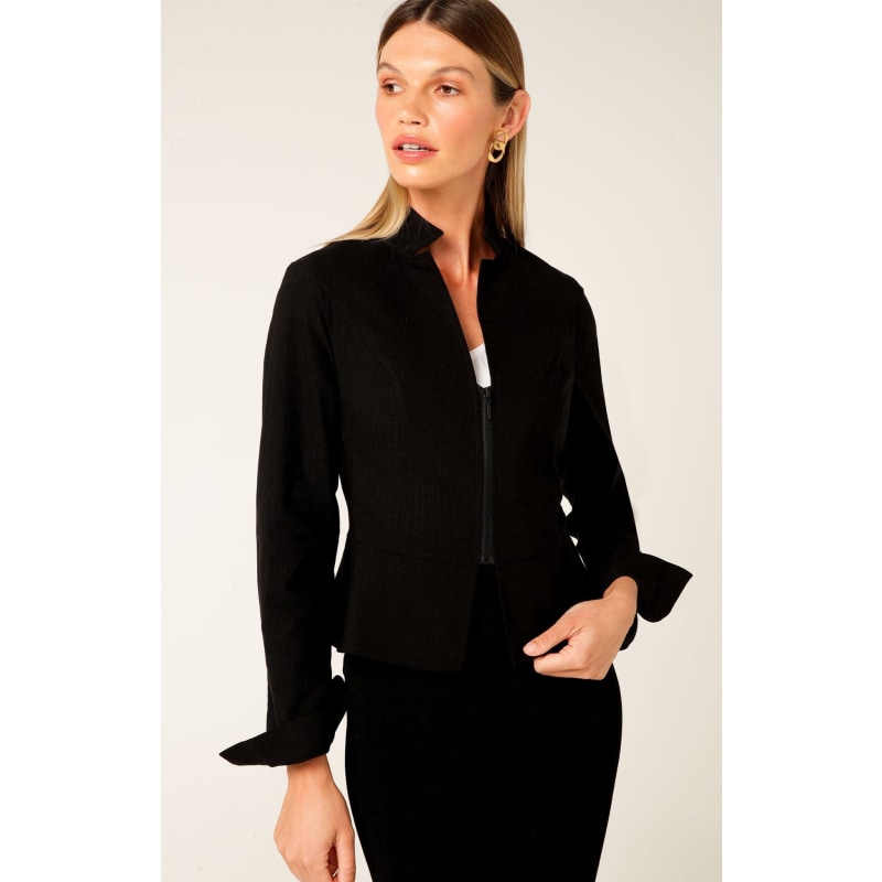 Front Zip Peplum Jacket In Black by SACHA DRAKE