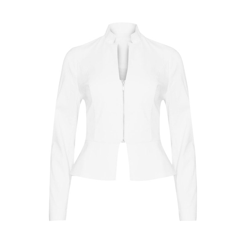 Front Zip Peplum Jacket In White by SACHA DRAKE
