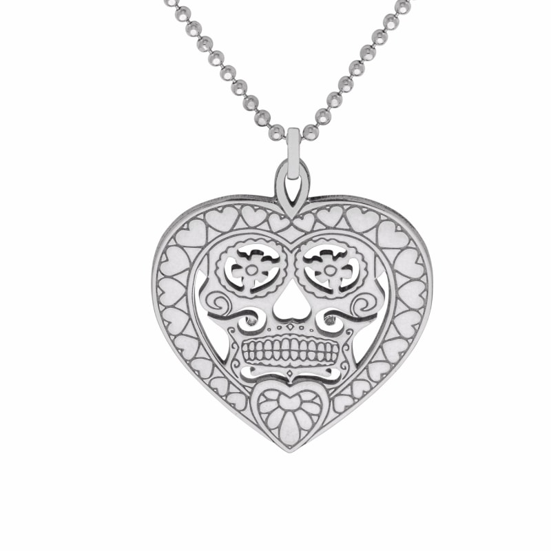 Thumbnail of Medium Silver Sugar Skull Heart Pendant Necklace image