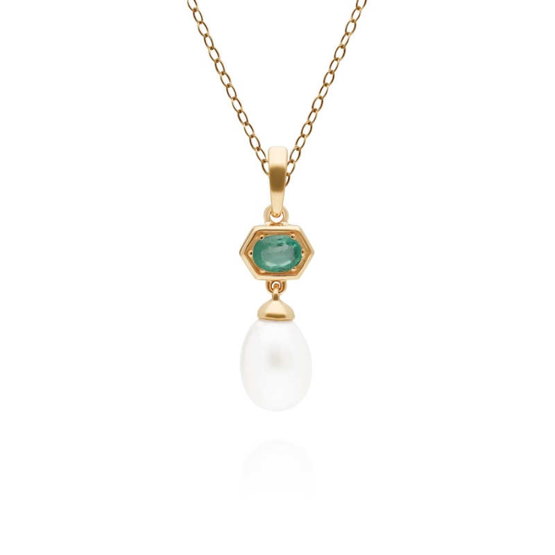 Thumbnail of Modern Pearl & Emerald Pendant In Yellow Gold Plated Silver image