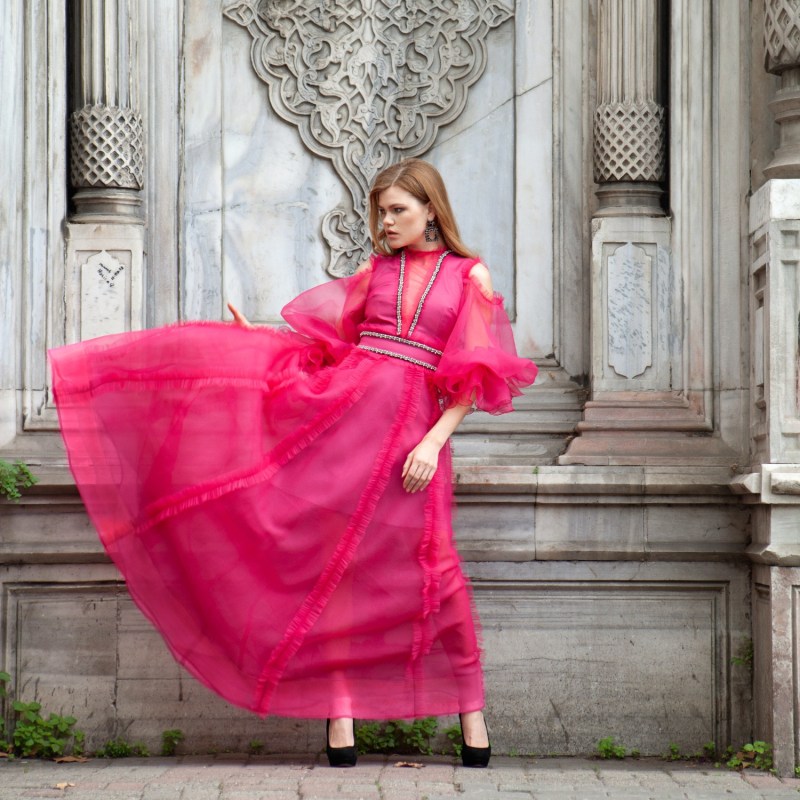 Thumbnail of Fuchsia Evening Gown With Puffed Sleeves image