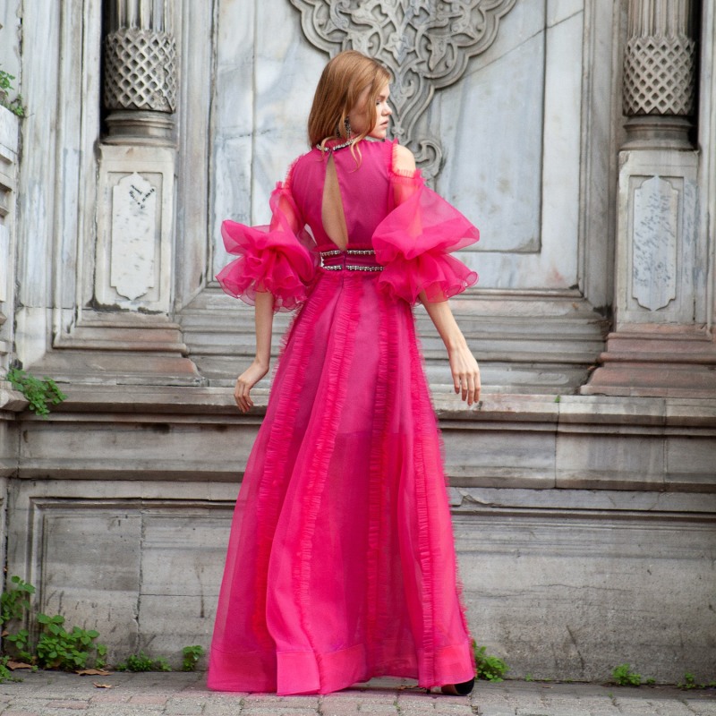 Thumbnail of Fuchsia Evening Gown With Puffed Sleeves image