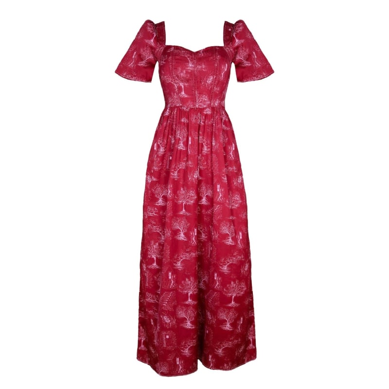 Thumbnail of Beatrice Maxi Dress With A Sweetheart Neckline In Ruby Red & Alabaster White Cotton Toile image