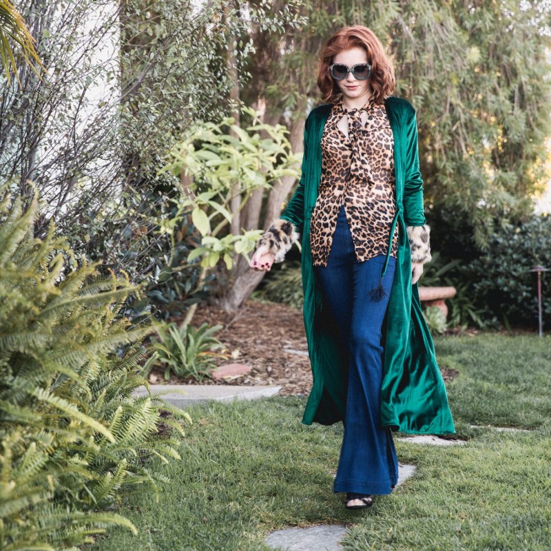 Emerald Velvet Duster With Faux Fur Leopard Cuffs