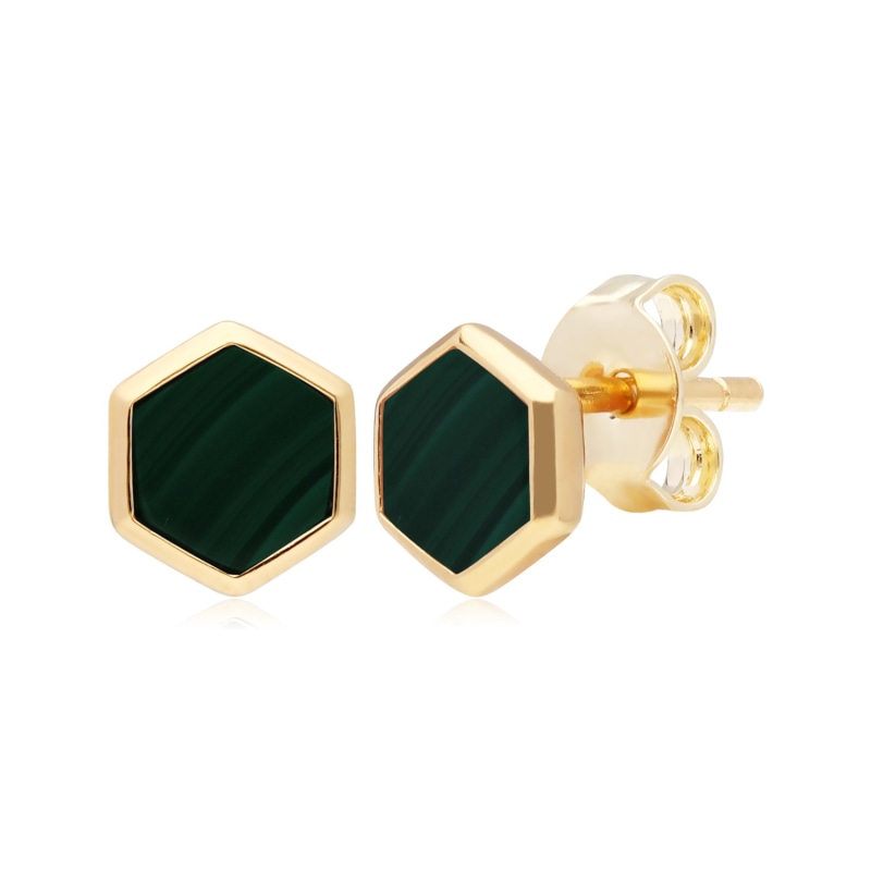 Thumbnail of Malachite Hexagon Stud Earrings In Gold Plated Silver image