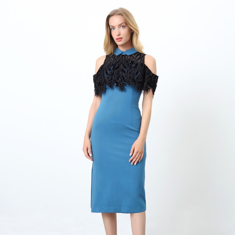 Thumbnail of Lace On Top Cold Shoulders Fitted Dress Blue image