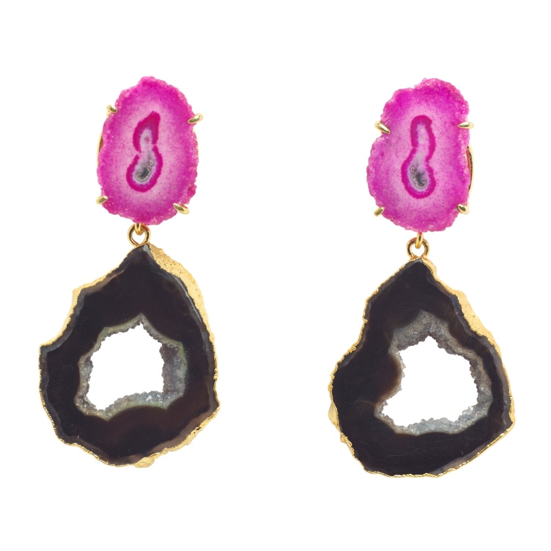 Thumbnail of 'Dark Love' Black Pink Gemstone Gold Statement Earrings image