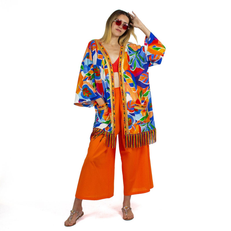 Thumbnail of Colorful Leaf Print Midi Kimono With Embroidery Borders image