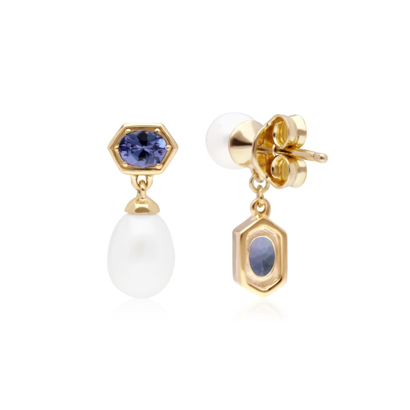 Thumbnail of Modern Pearl & Tanzanite Mismatched Drop Earrings In Yellow Gold Plated Sterling Silver image