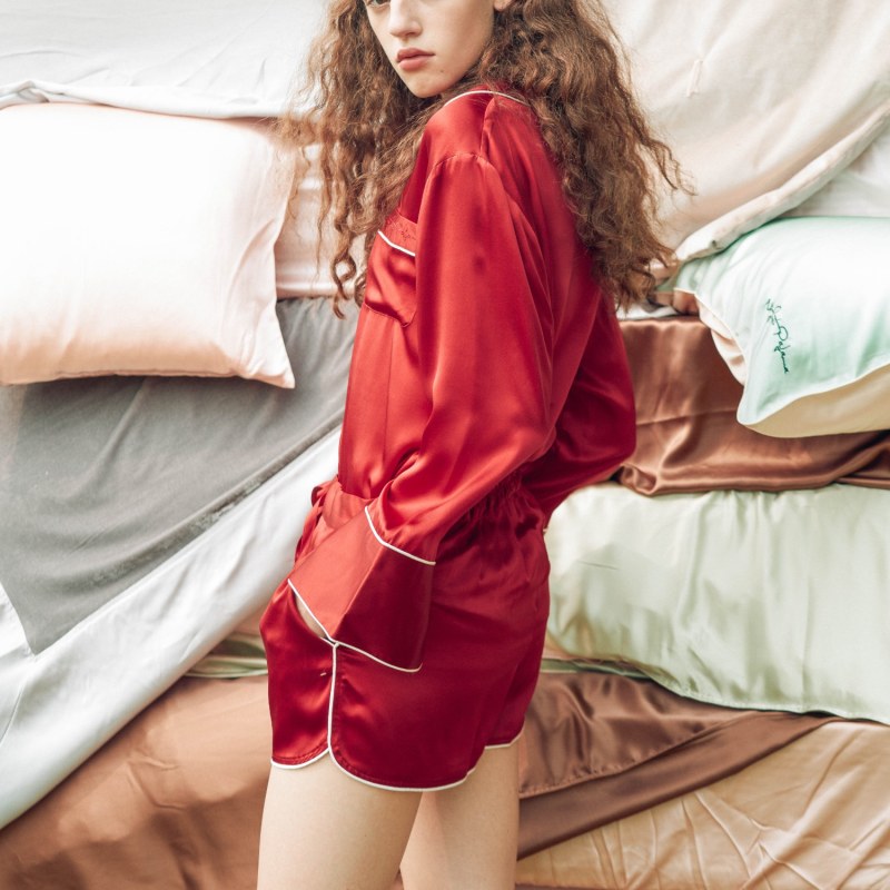 Red silky pajamas outlet