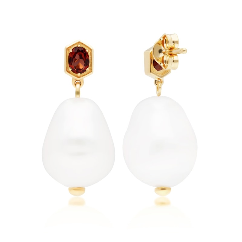 Thumbnail of Baroque Pearl & Garnet Earrings In Yellow Gold Plated Silver image