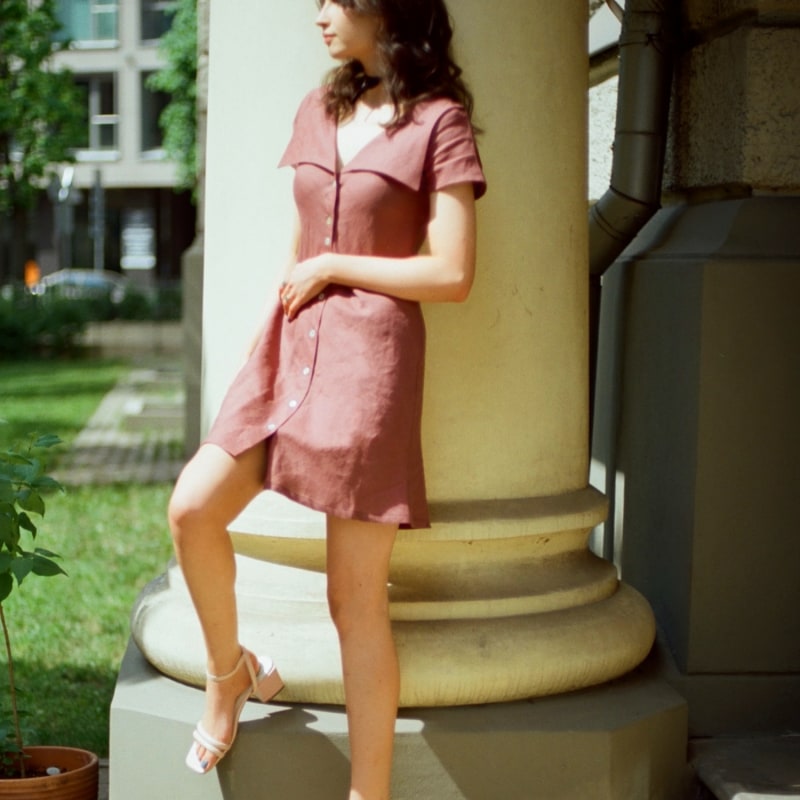 Thumbnail of Gabi Short Shirt Dress In Pure Linen In Plum With Shell Buttons And Sailor Collar image