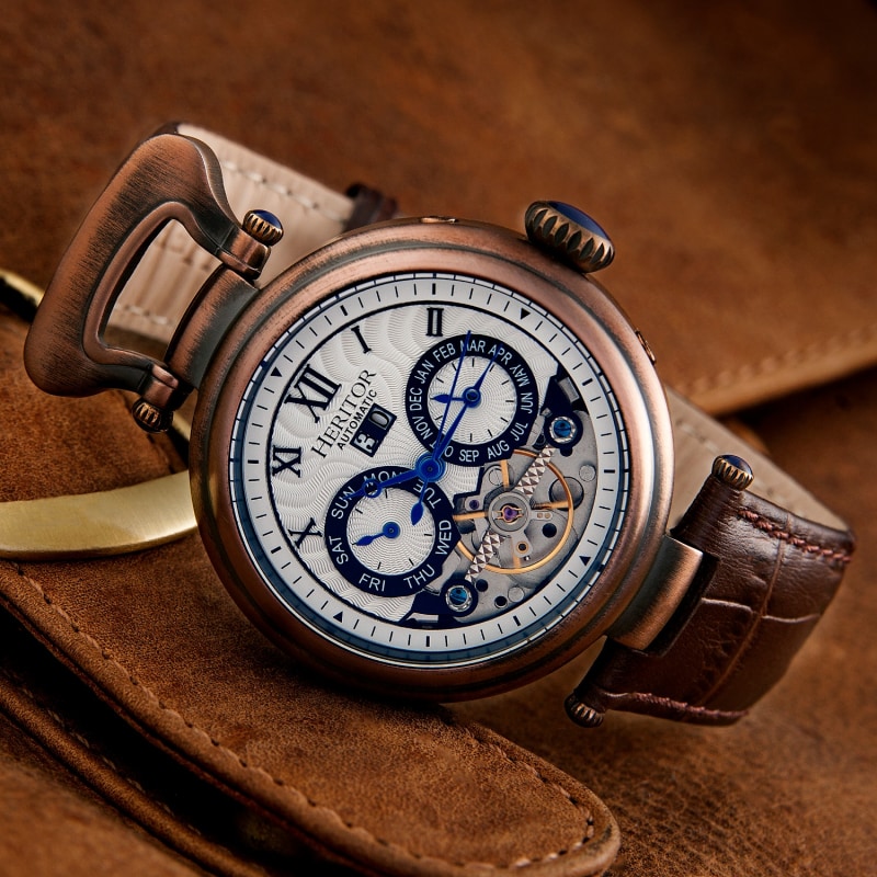 Ganzi Semi Skeleton Leather Band Watch with Day and Date Brown Silver by Heritor Automatic