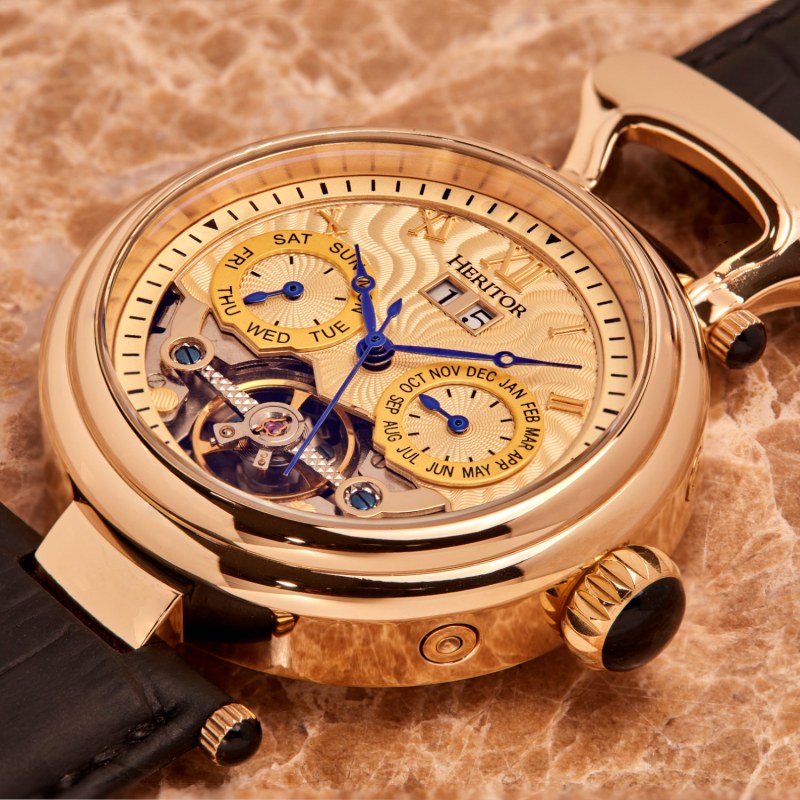 Ganzi Semi Skeleton Leather Band Watch with Day and Date Gold Silver by Heritor Automatic