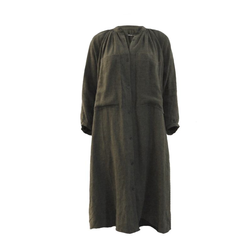 Thumbnail of Gathered Linen Midi Shirt Dress - Olive image