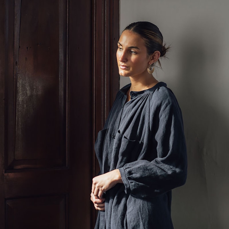 Thumbnail of Gathered Linen Midi Shirt Dress - Indigo image