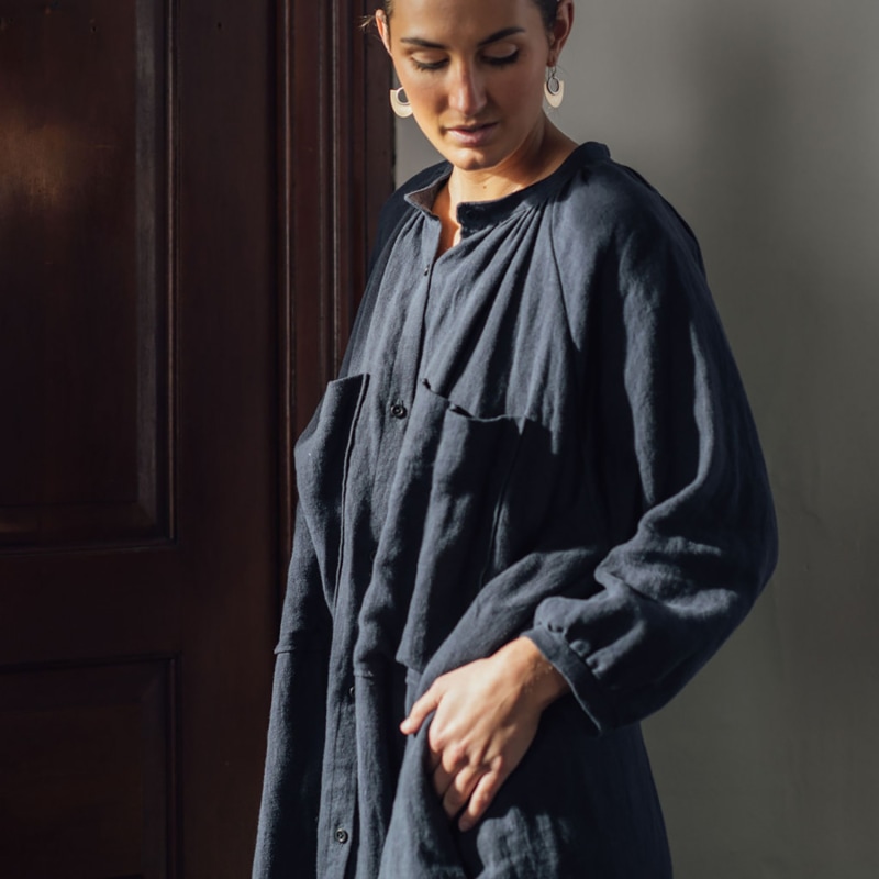 Thumbnail of Gathered Linen Midi Shirt Dress - Indigo image