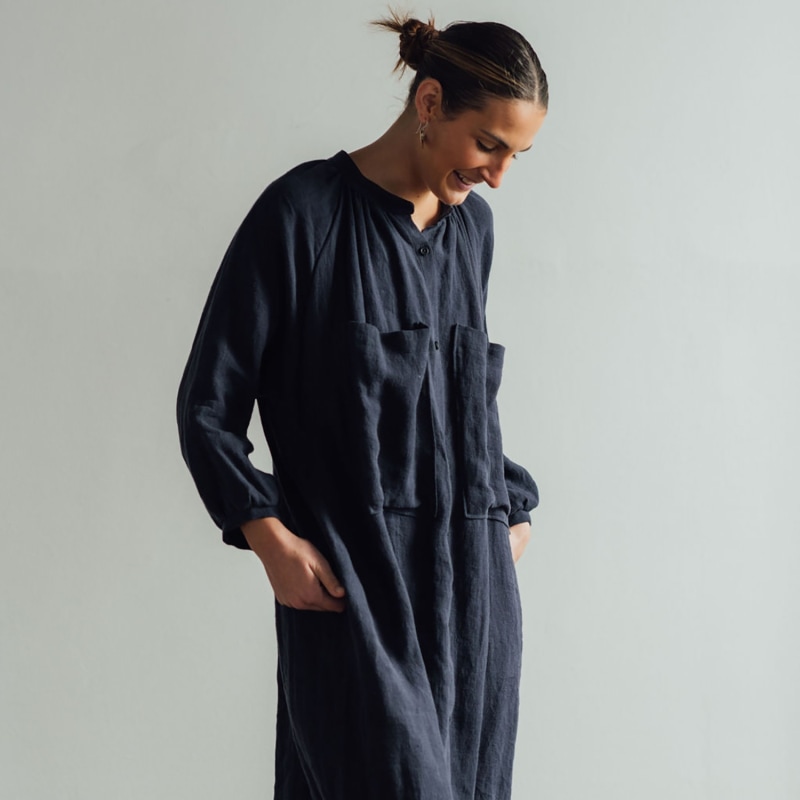 Thumbnail of Gathered Linen Midi Shirt Dress - Olive image