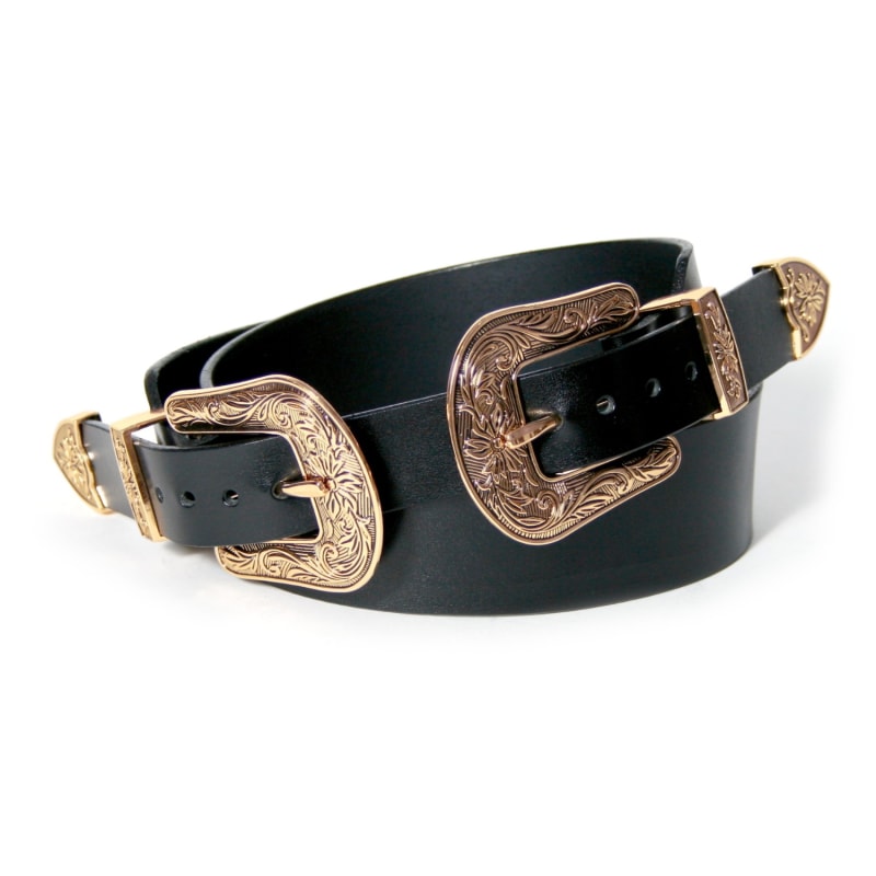 Thumbnail of Black Leather Belt With Two Golden Ornament Buckles image