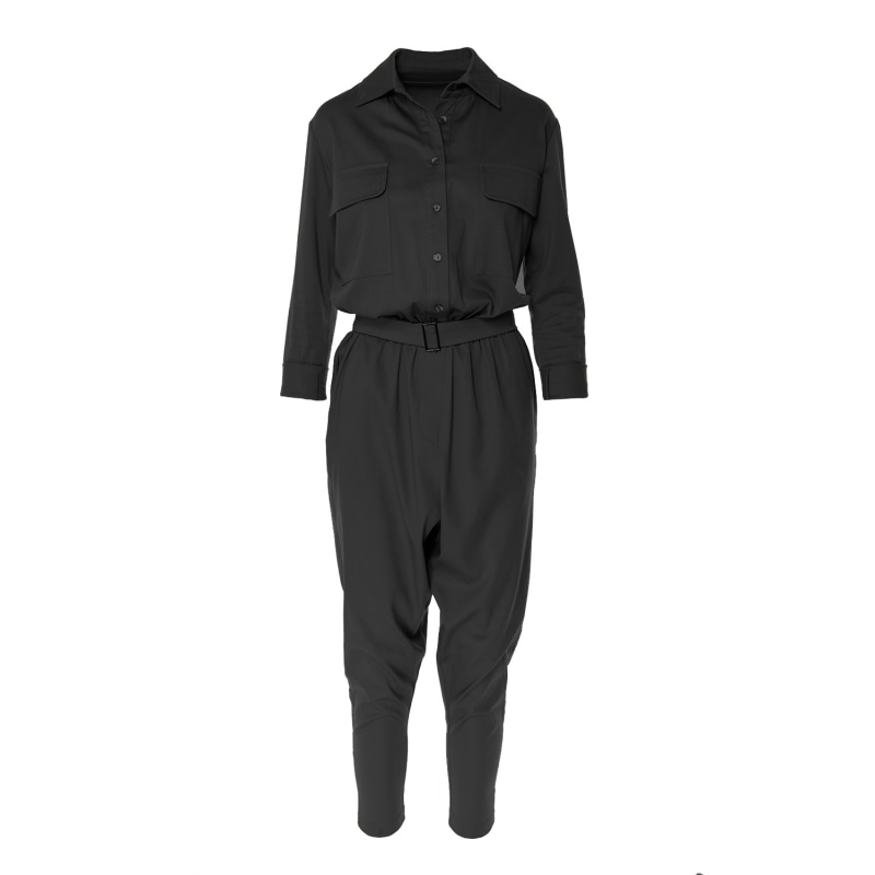 Black Maxi Jumpsuit With Structured Shoulders And Belt by BLUZAT