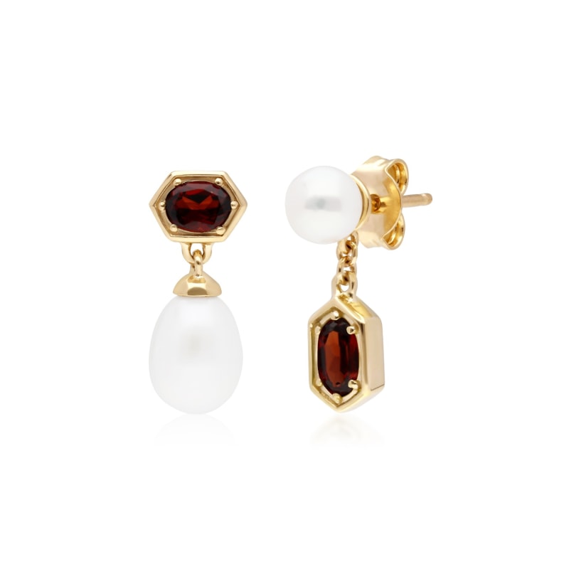 Thumbnail of Modern Pearl & Garnet Mismatched Drop Earrings image