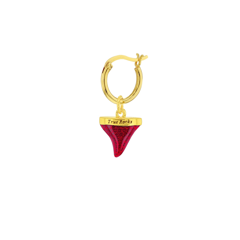 Thumbnail of 18Kt Gold Plated & Red Mini Sharks Tooth Charm On Gold Hoop Earring image