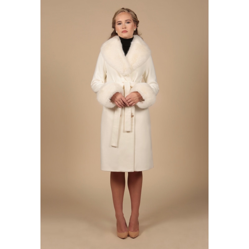 Thumbnail of 'Marlene' 100% Cashmere & Wool Coat With Faux Fur In White image