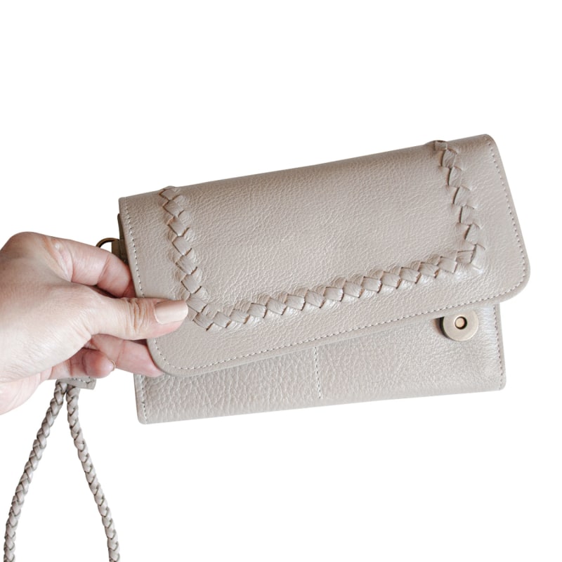 Thumbnail of Genuine Full Grain Gray Taupe Leather Wristlet Purse For Women With Card Slots image