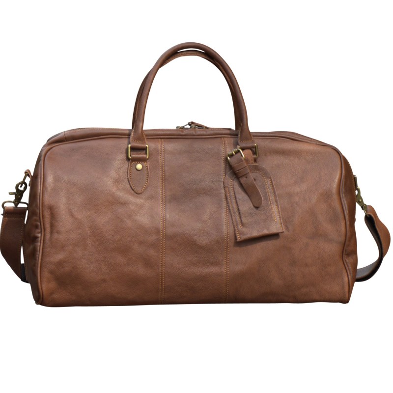 Genuine Leather Duffle With Luggage Tag - Chestnut | Touri | Wolf & Badger