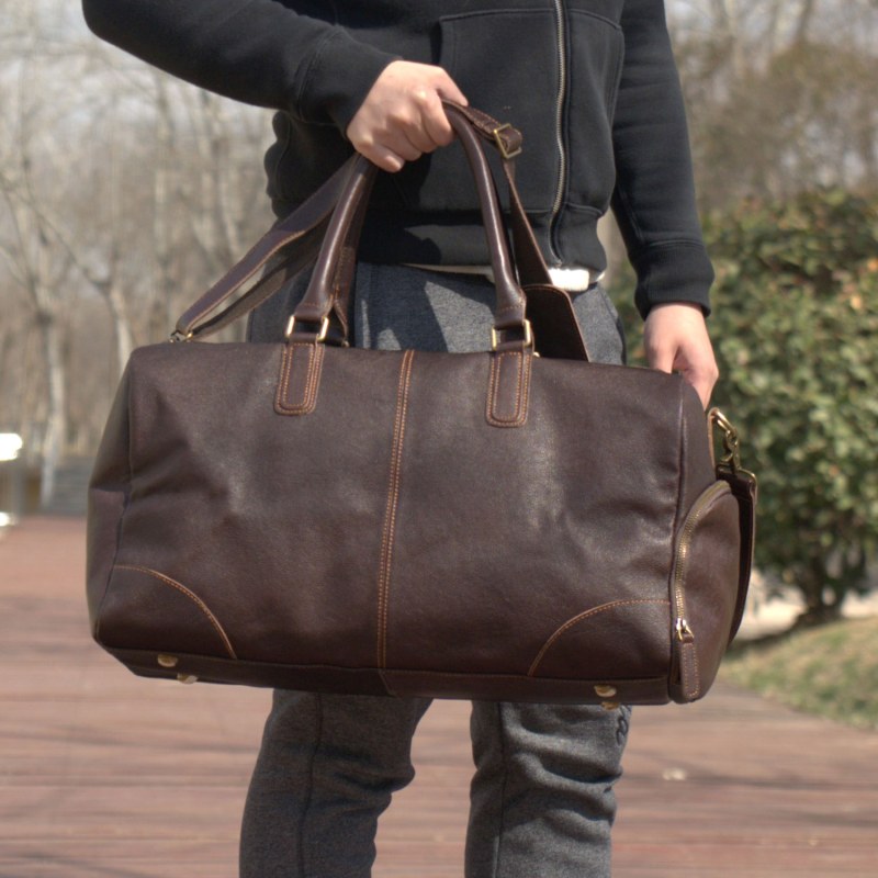 Thumbnail of Genuine Leather Gym Bag With Shoe Storage - Taupe Brown image