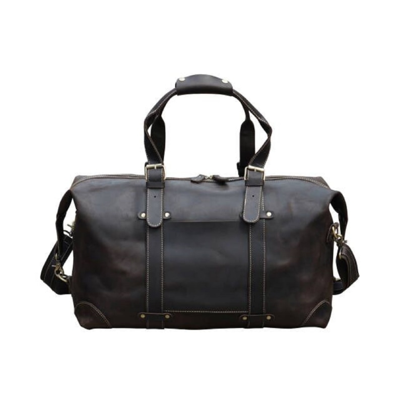 Brown leather weekend bag top