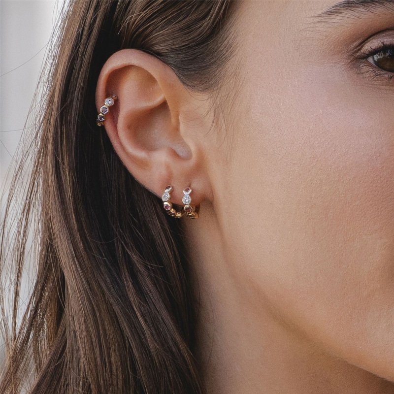 Thumbnail of Geometric Round Pink Tourmaline & Sapphire Hoop Earrings In Yellow Gold image