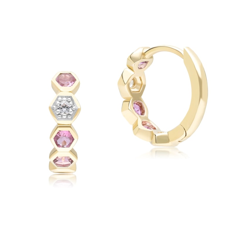 Thumbnail of Geometric Round Pink Tourmaline & Sapphire Hoop Earrings In Yellow Gold image