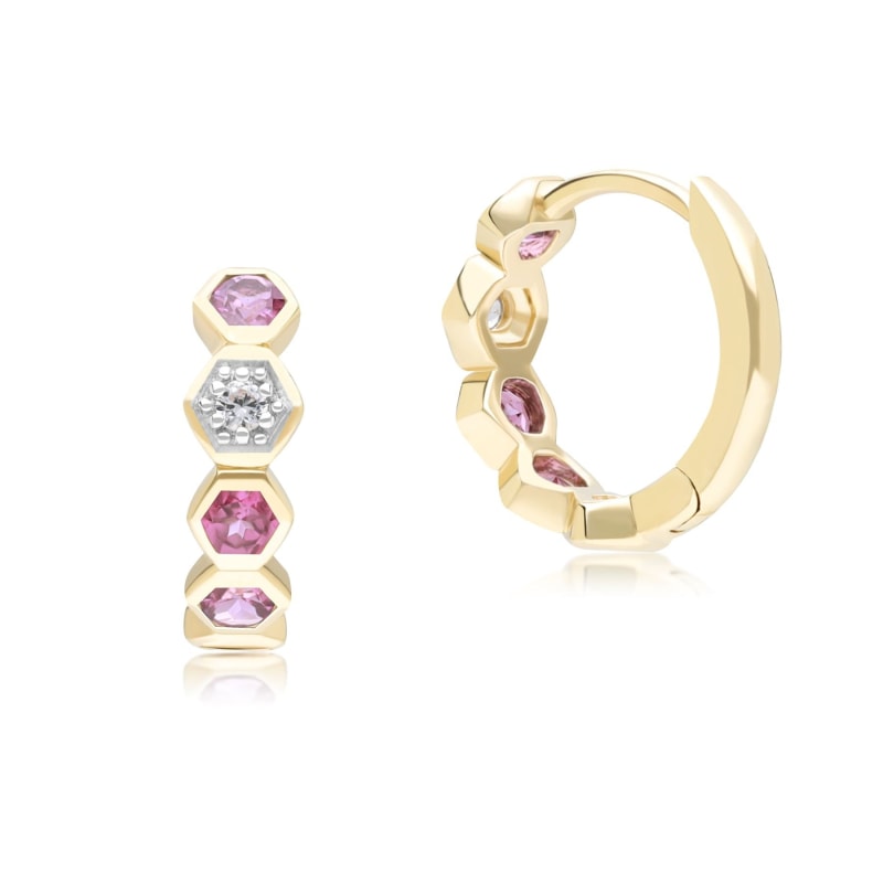 Thumbnail of Geometric Round Rhodolite & Sapphire Hoop Earrings In Yellow Gold image